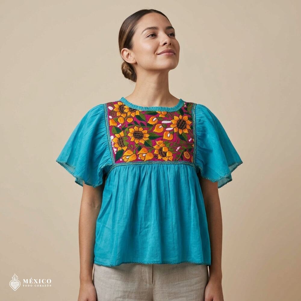 Traditional Mexican Peasent Blouse – Handmade Embroidered Top (Size S-M)